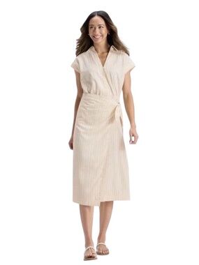 Universal Thread Cream Striped Midi Wrap-Style Shirt Dress